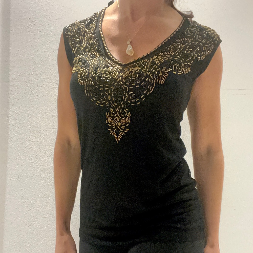 Black Beaded Short Sleeve Top
